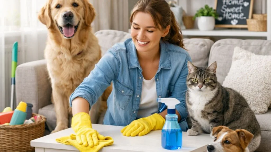 Mulher limpando a sala com cachorro e gato, exemplo de como manter a casa limpa e organizada com pets.